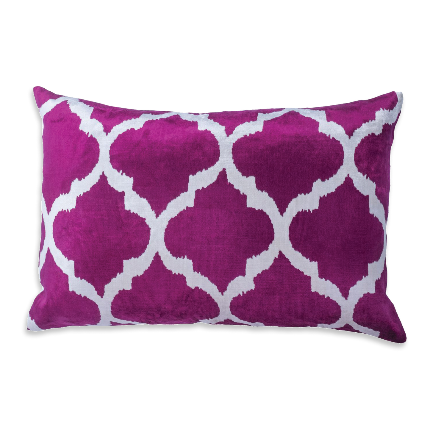 Silk Ikat Velvet White and Fuchsia Oriental Motif Cushion