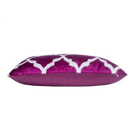 Silk Ikat Velvet White and Fuchsia Oriental Motif Cushion