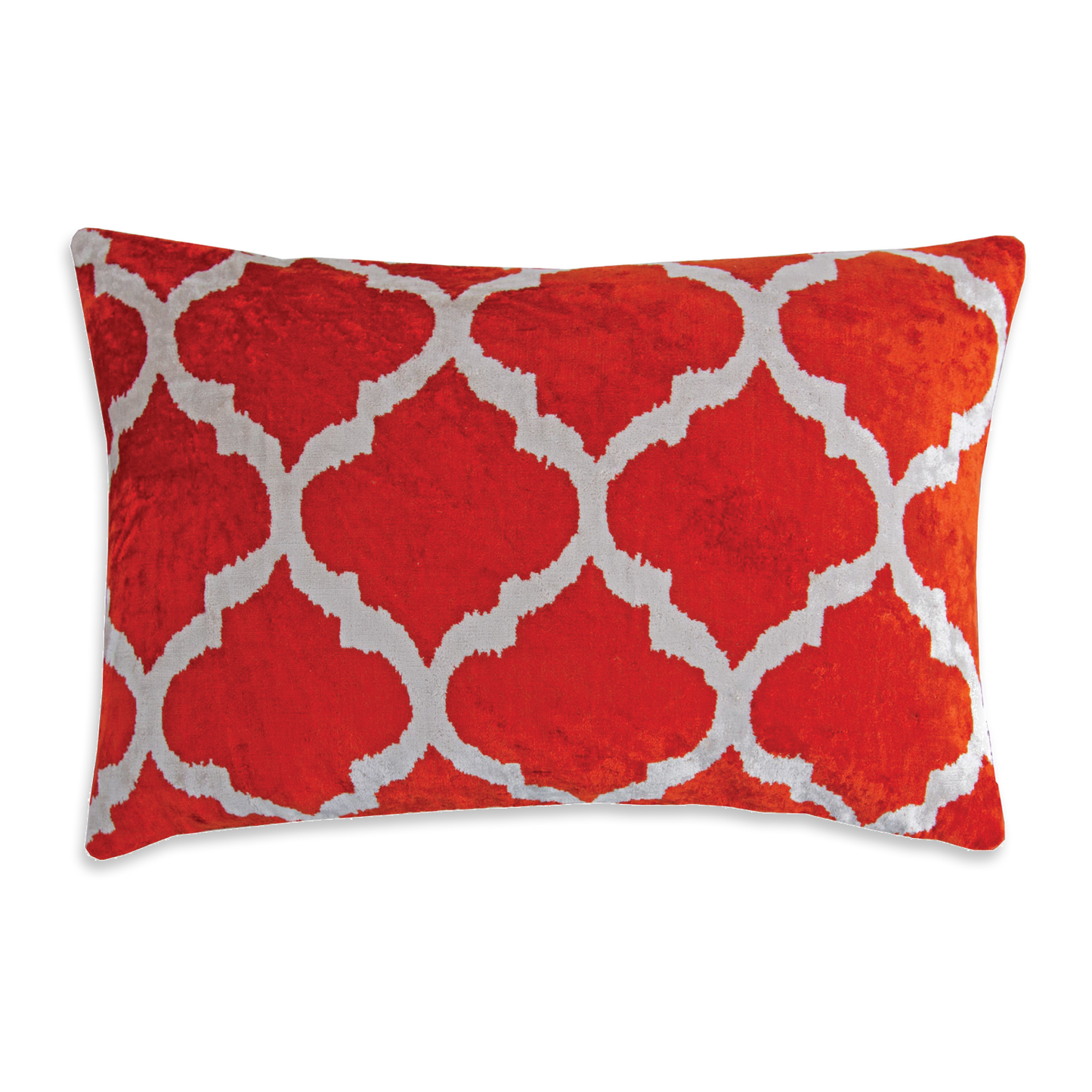 Silk Ikat Velvet White and Orange Oriental Motif Cushion