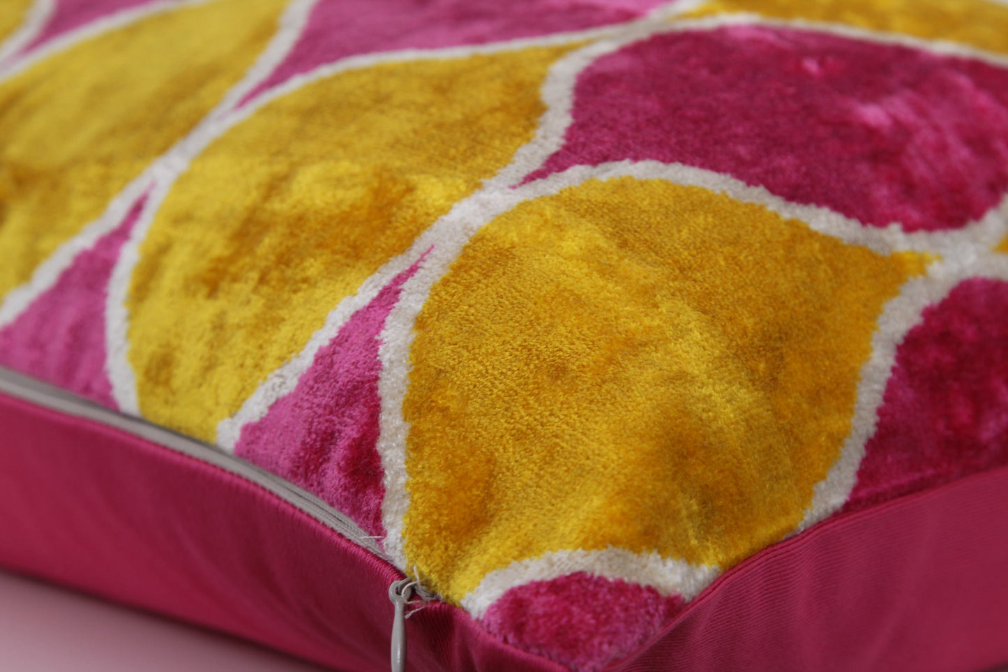 Silk Ikat Velvet Fuchsia and Yellow Cushion