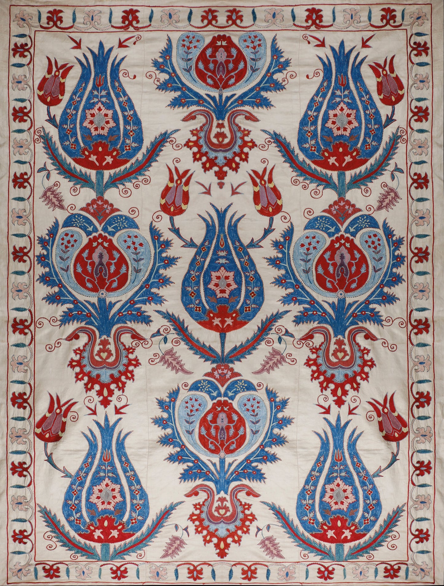 Ottoman Silk Blue Tulip Embroidered Suzani Tapestry