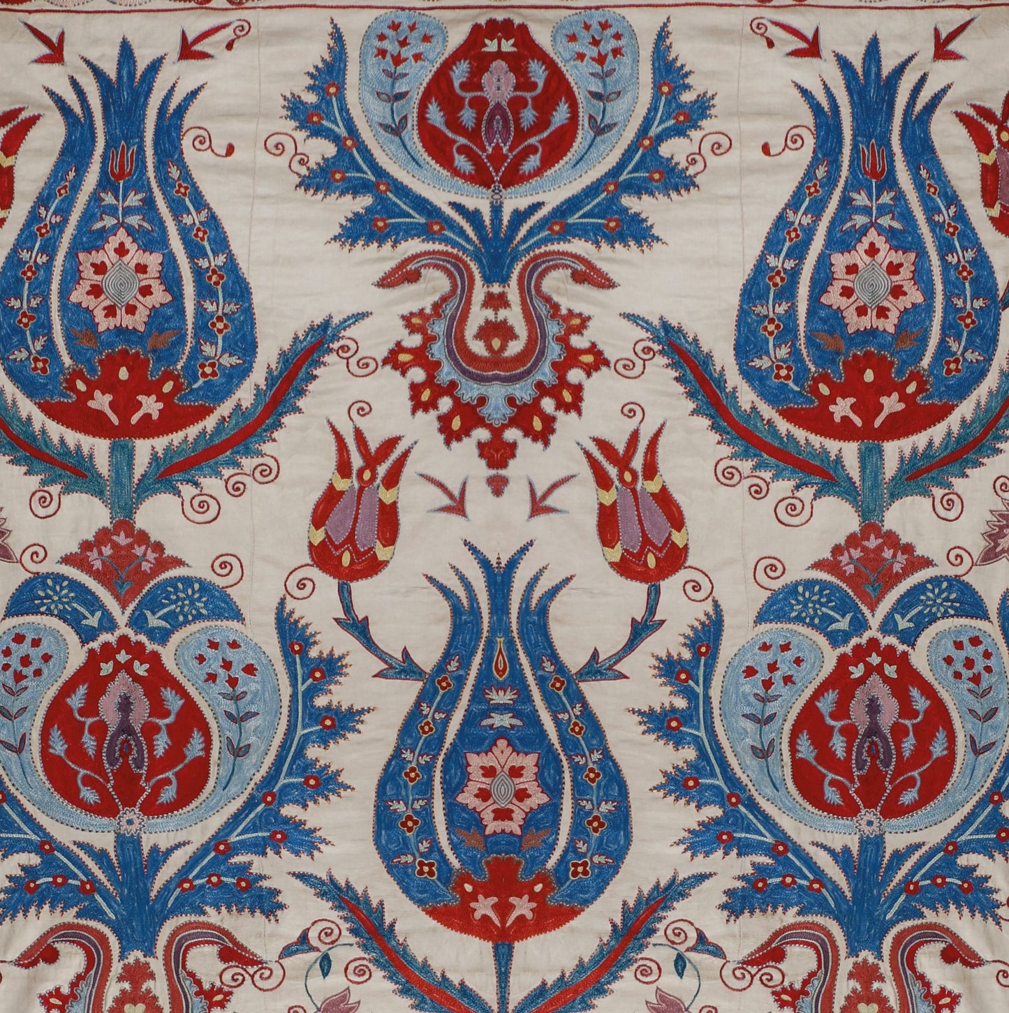 Ottoman Silk Blue Tulip Embroidered Suzani Tapestry