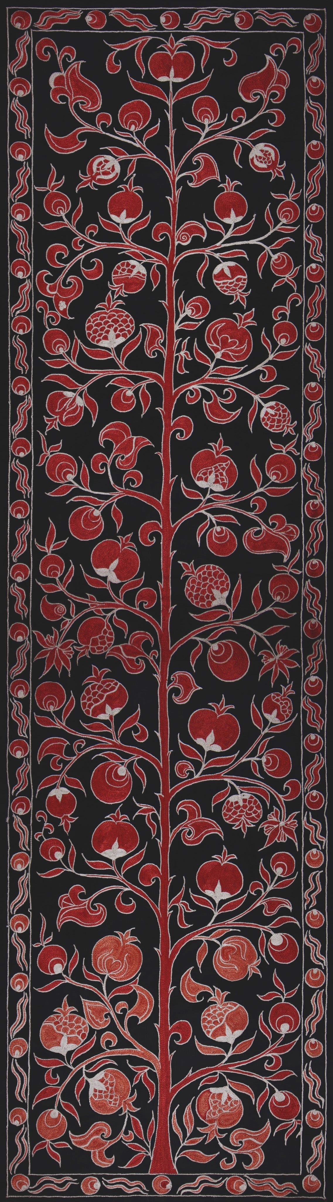 Ottoman Silk Red Pomegranate Tree Embroidered Suzani Runner