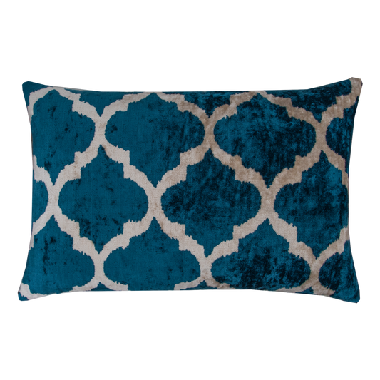 Silk Ikat Velvet Blue and White Oriental Motif Cushion