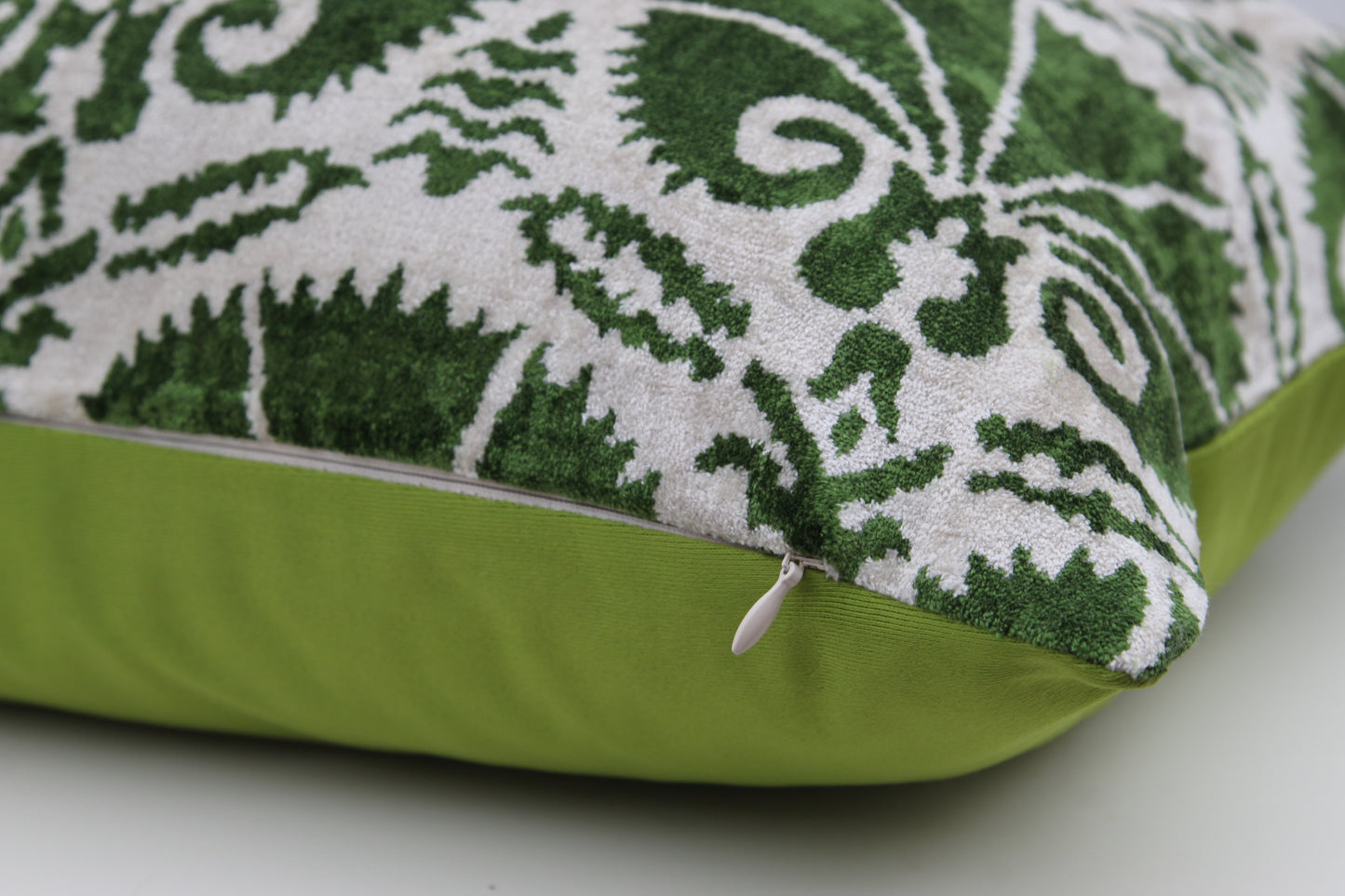 Silk Ikat Velvet Green Carnation Cushion