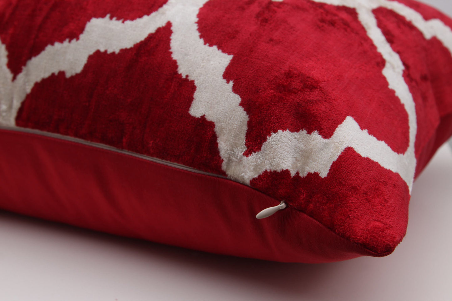 Silk Ikat Velvet Burgundy and White Oriental Motif Cushion