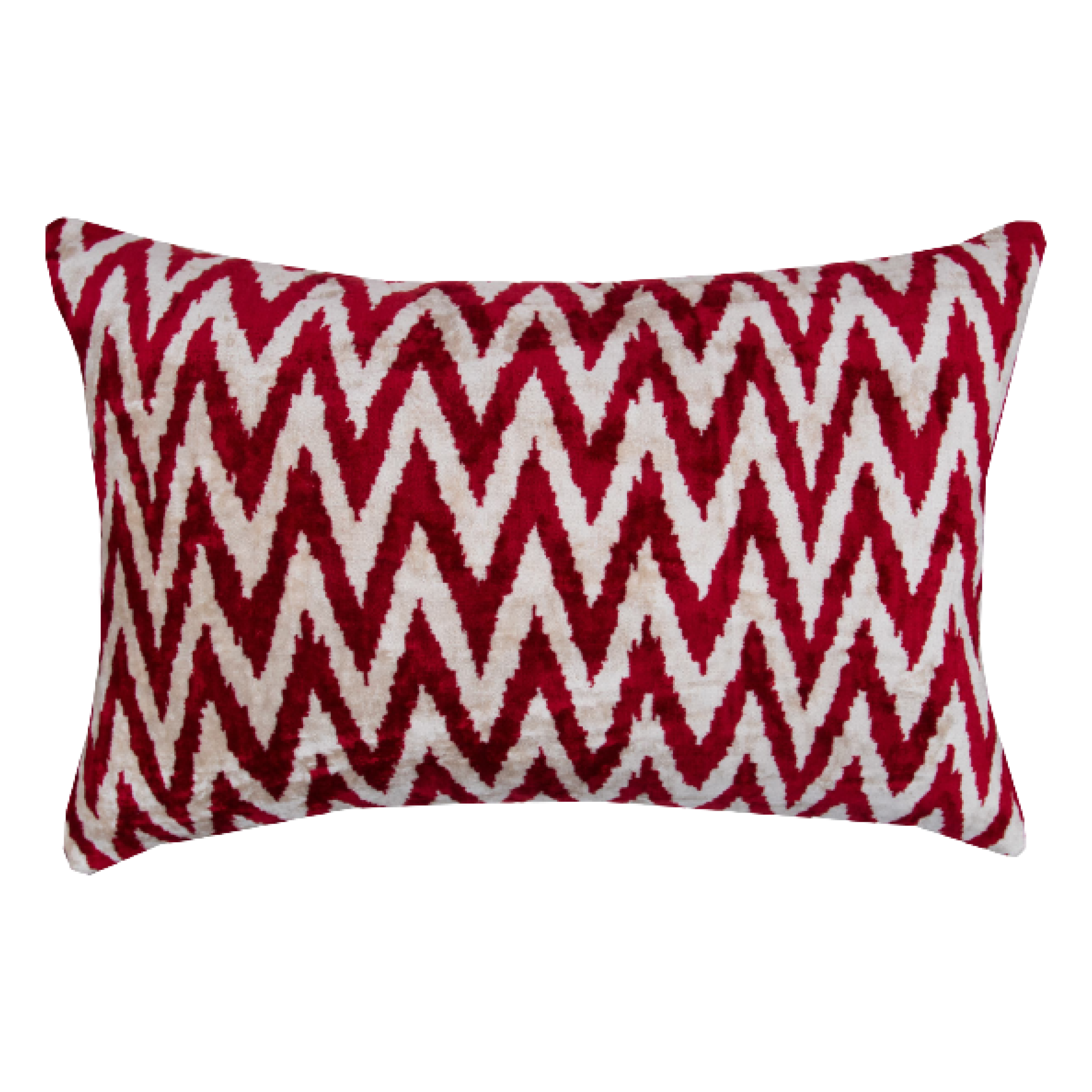 Ikat Silk Velvet Zig Zag Cushion Cover with Tile Red & Off White Colours, Front side is 100% Silk retailer Velvet, Back side is Soft Off White Fabric