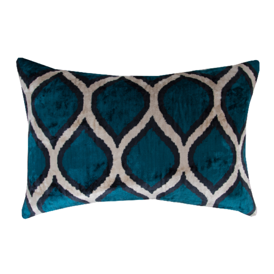 Silk Ikat Velvet Dark Blue and White Oriental Motif Cushion