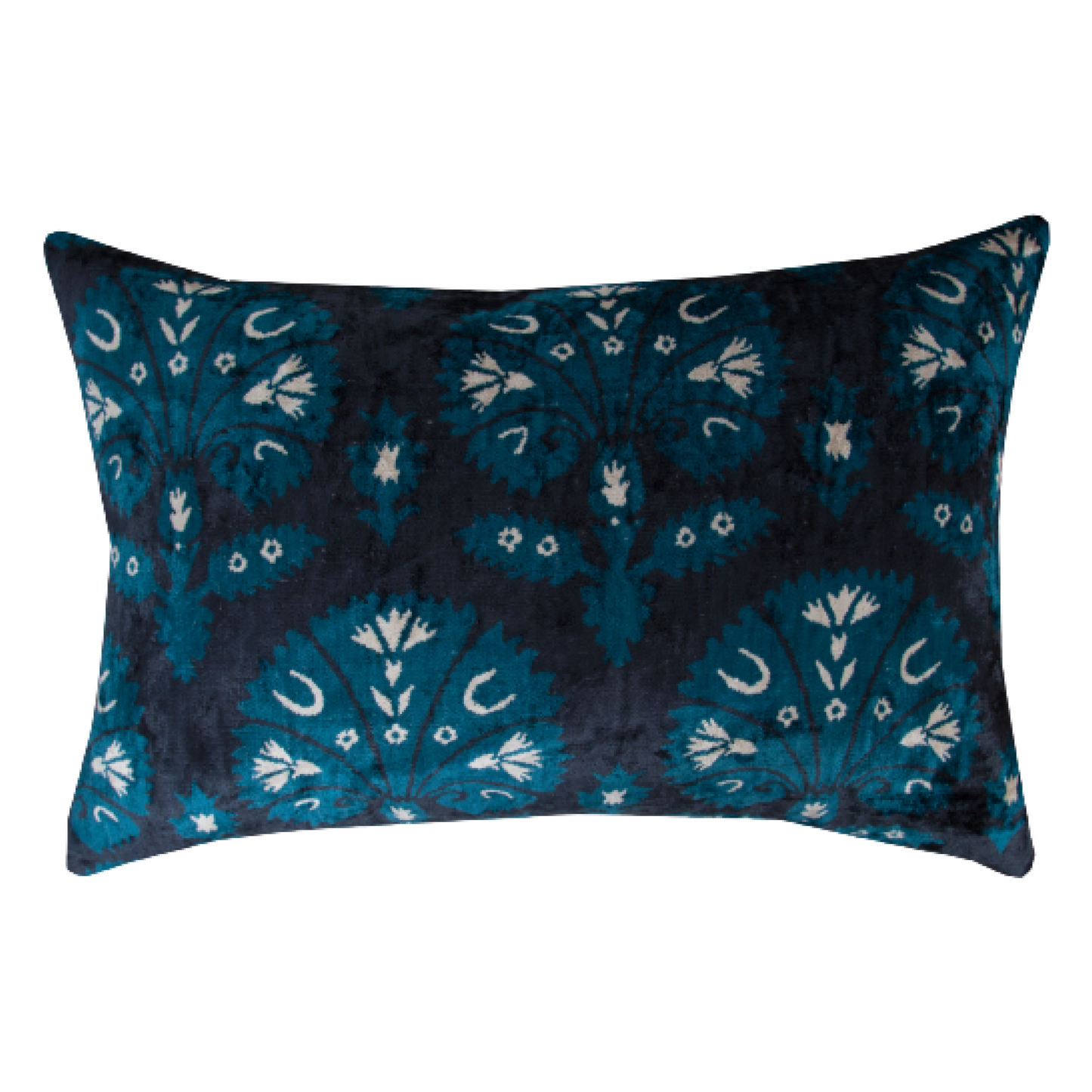 Silk Ikat Velvet Black and Blue Carnation Cushion