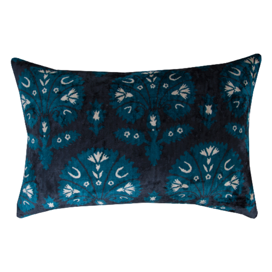 Silk Ikat Velvet Black and Blue Carnation Cushion