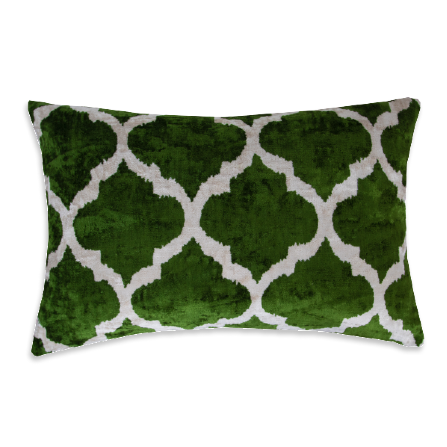 Silk Ikat Velvet Deep Green and White Oriental Motif Cushion