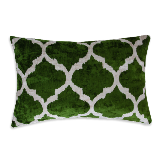 Silk Ikat Velvet Deep Green and White Oriental Motif Cushion