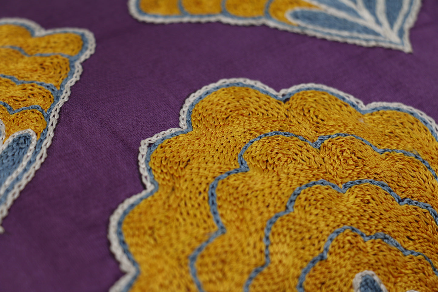 Silk Embroidered Purple and Yellow Antique Motif Cushion