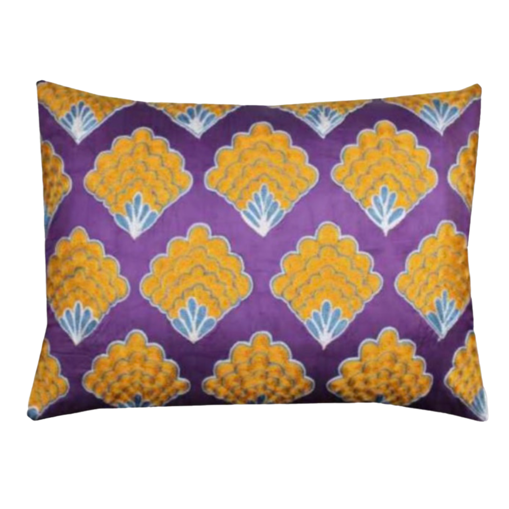 Silk Embroidered Purple and Yellow Antique Motif Cushion