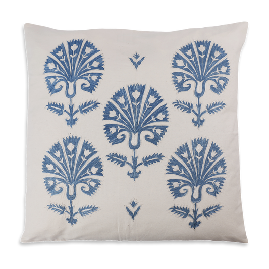 Silk Embroidered Ottoman Blue Carnations Cushion