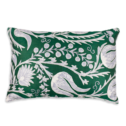 Silk Embroidered Suzani Green Ottoman Garden Cushion