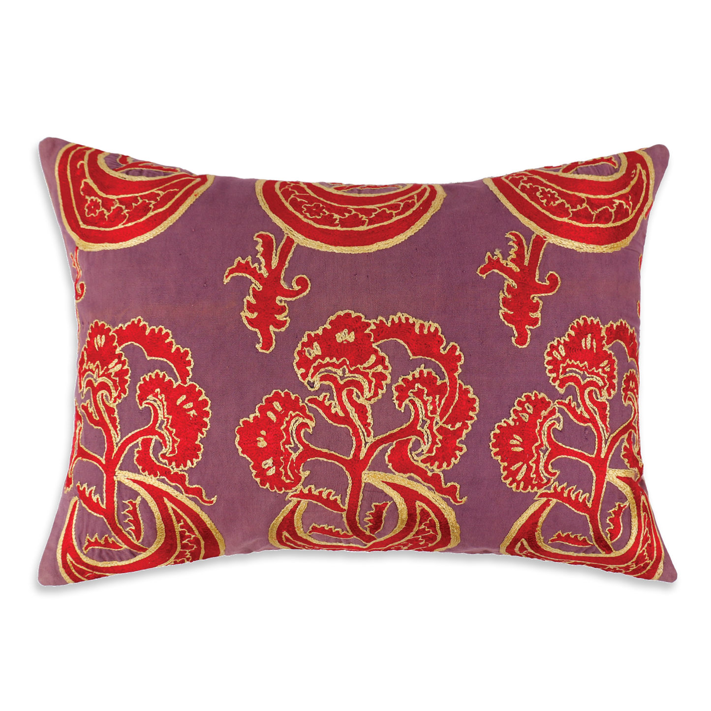 Silk Embroidered Purple and Red Antique Motif Cushion