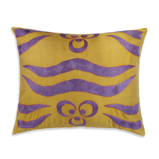 Silk Embroidered Suzani Yellow Chintamani Tiger Cushion
