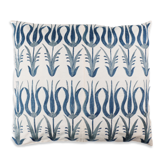 Silk Embroidered Suzani Blue Tulips Cushion