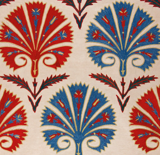 Ottoman Silk Red and Blue Carnation Embroidered Suzani Runner