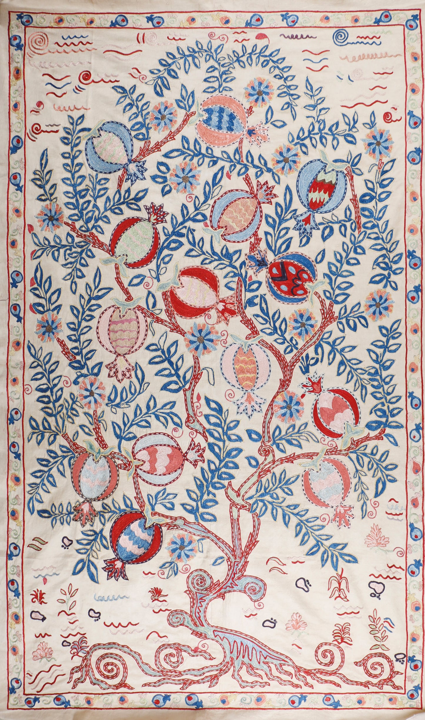 Ottoman Silk Pomegranate Tree Motif Embroidered Suzani Tapestry