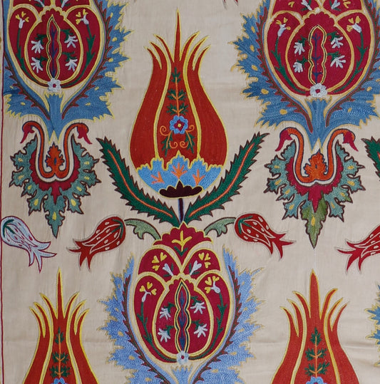 Ottoman Silk  Red Tulip Embroidered Suzani Tapestry