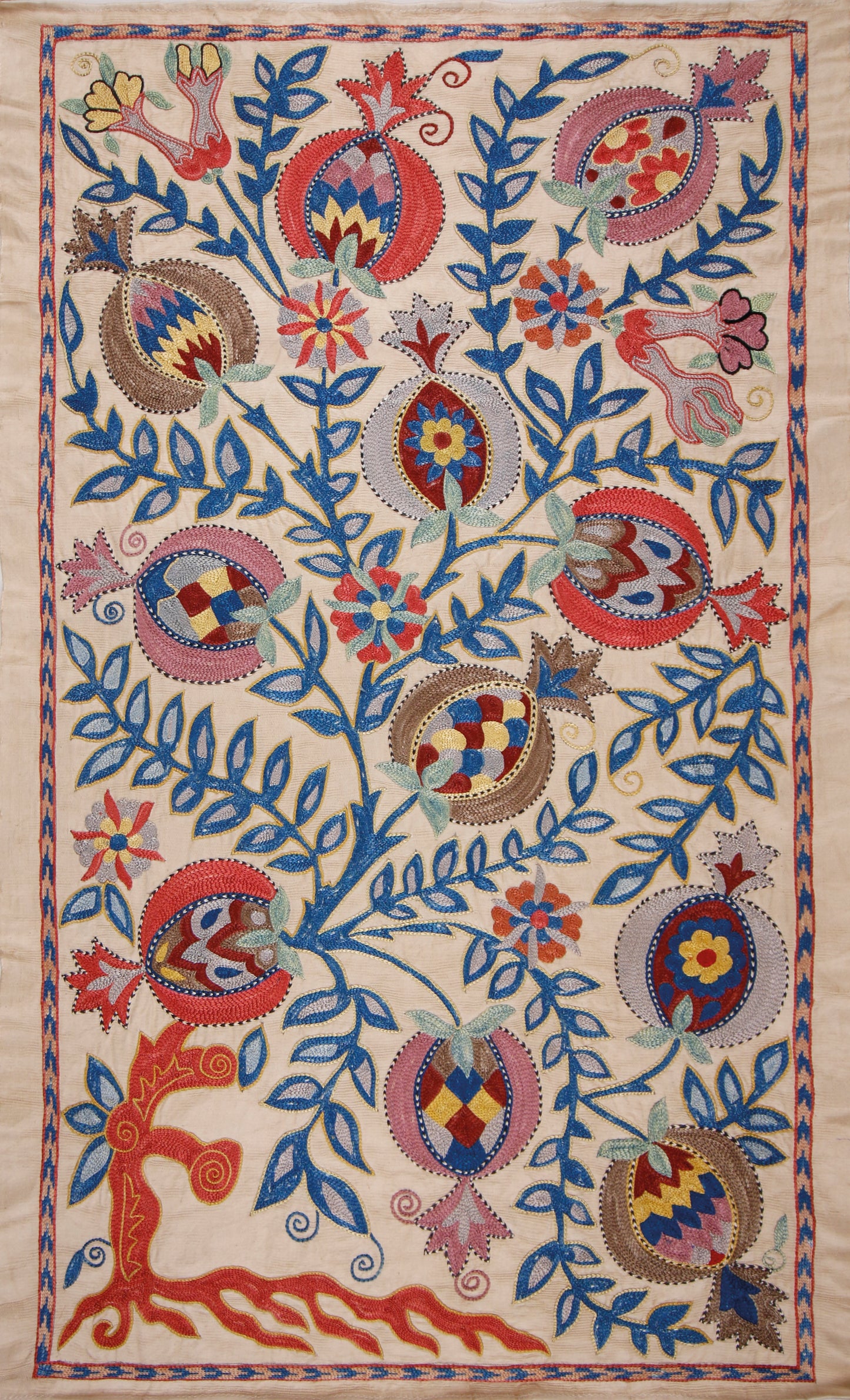 Ottoman Silk Pomegranate Tree Embroidered Suzani Tapestry