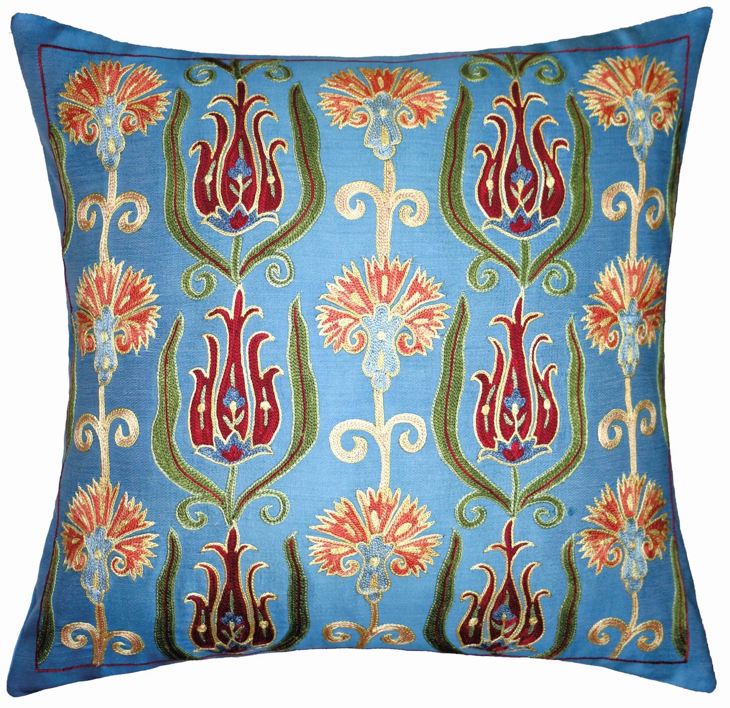 Silk Embroidered Suzani Blue Ottoman Garden Cushion