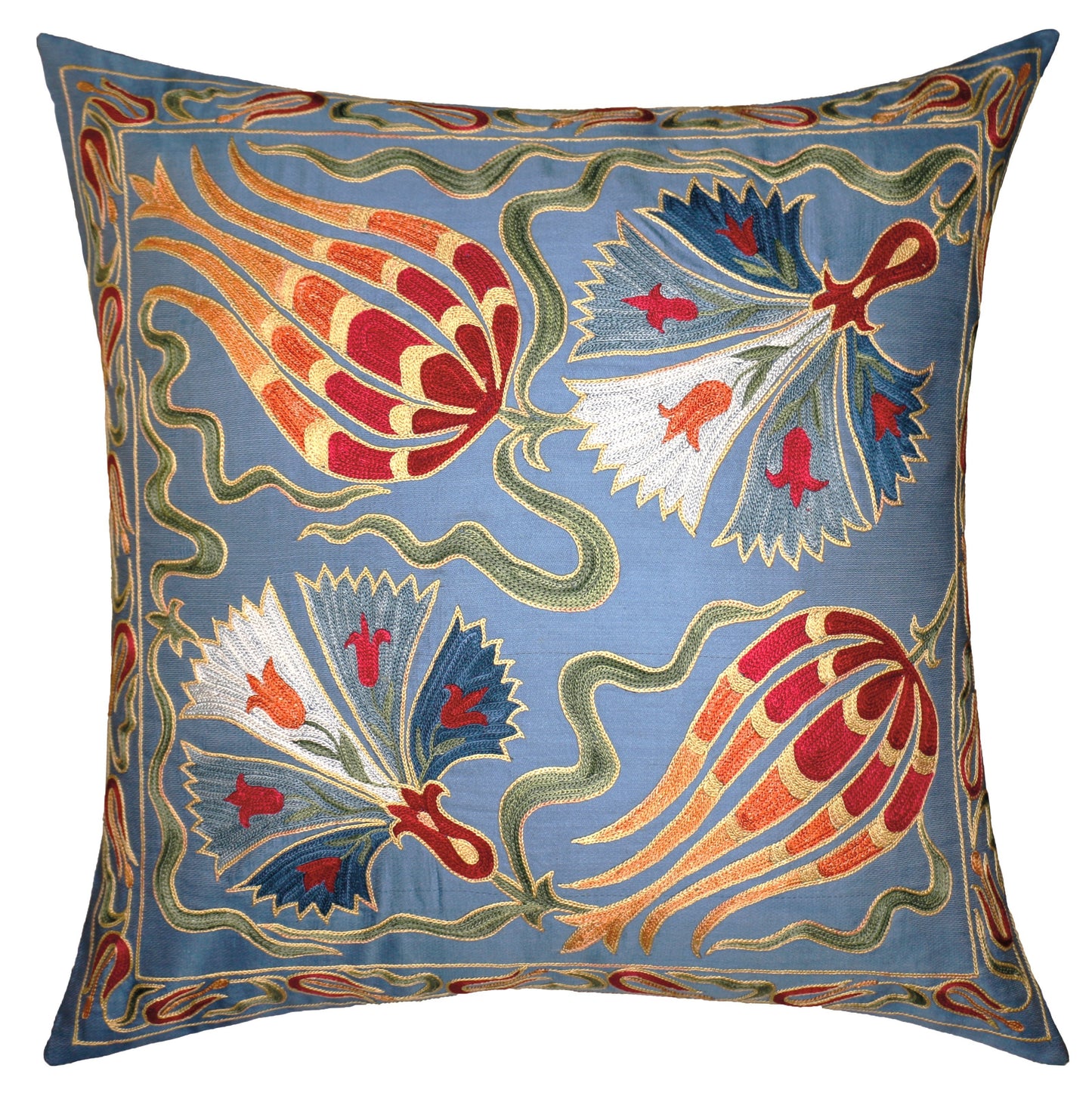 Silk Embroidered Suzani Blue Tulip and Carnation Cushion