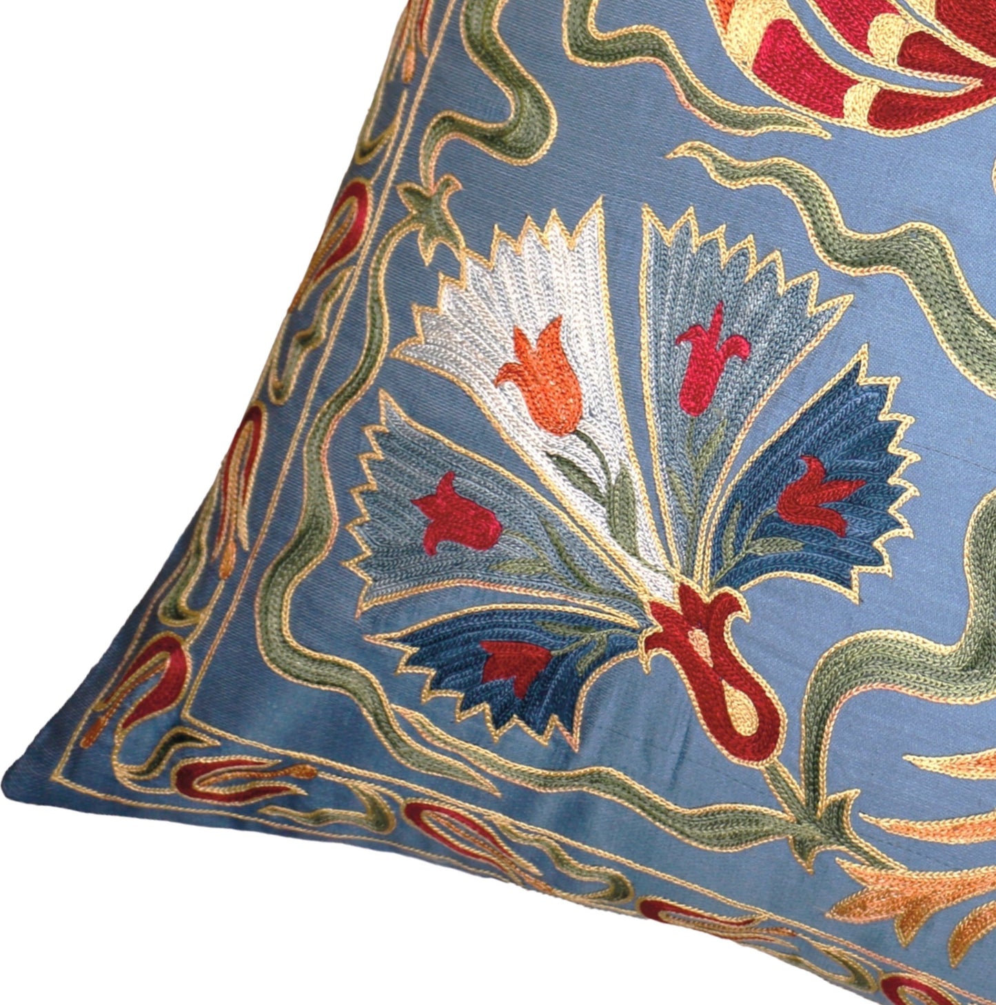 Silk Embroidered Suzani Blue Tulip and Carnation Cushion