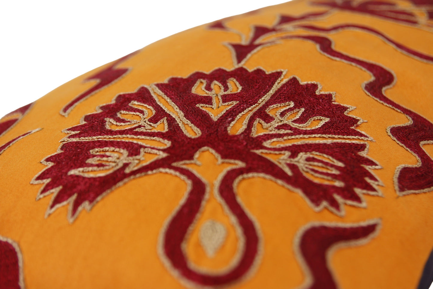 Silk Hand Embroidered Suzani Orange Carnation and Tulip Cushion