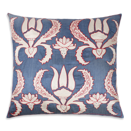 Silk Embroidered Suzani Blue Antique Kaftan Tulips Cushion