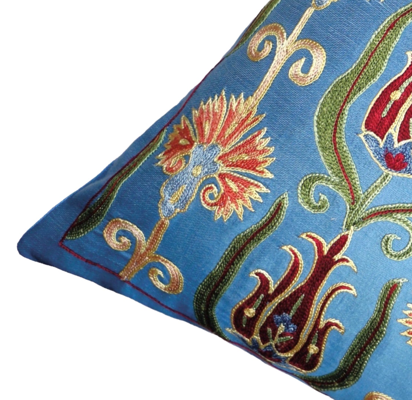 Silk Embroidered Suzani Blue Ottoman Garden Cushion