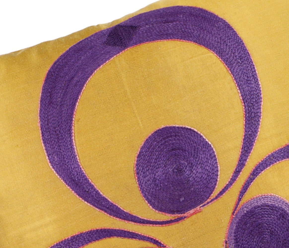 Silk Embroidered Suzani Purple and Yellow Chintamani Cushion