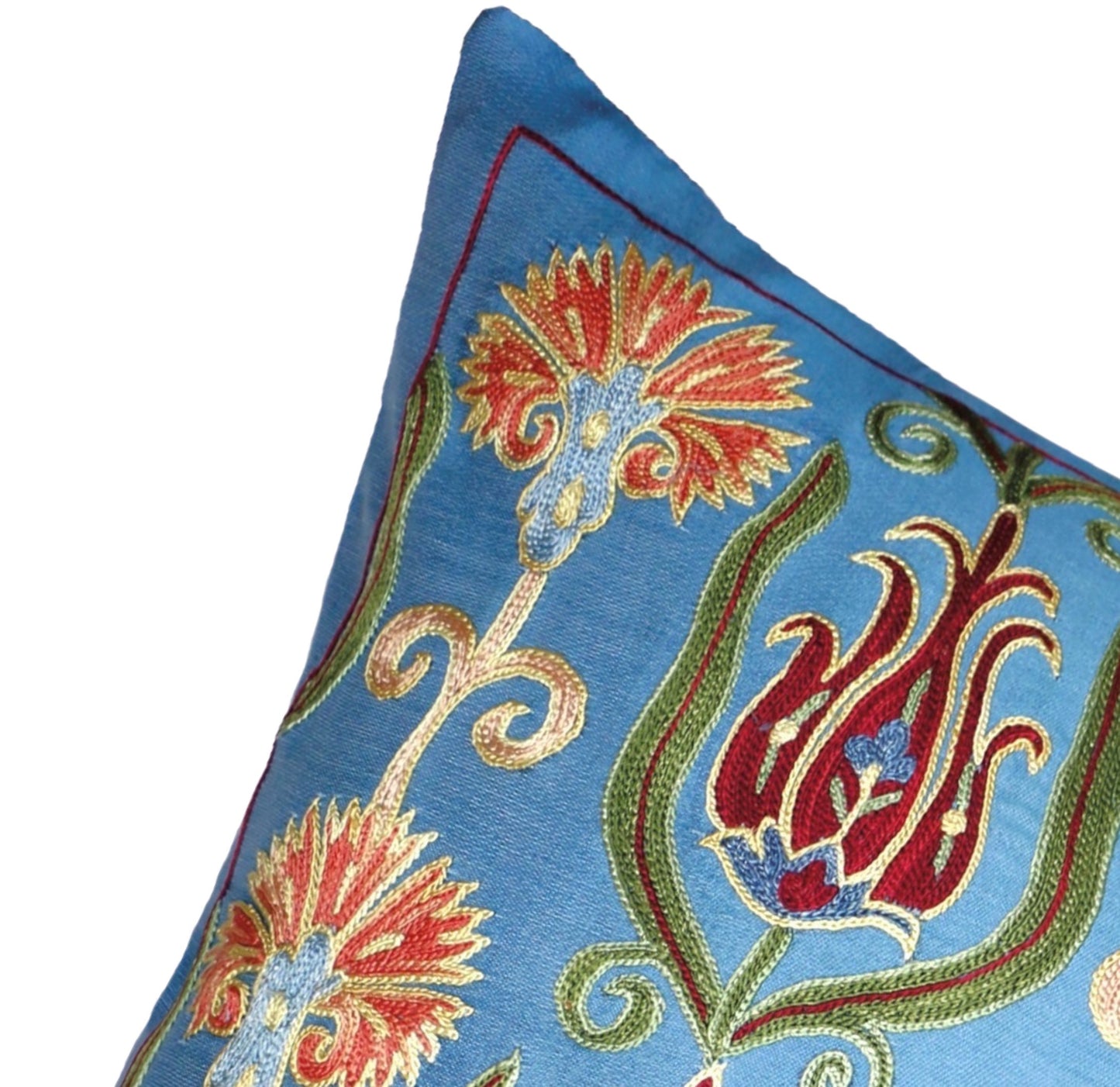 Silk Embroidered Suzani Blue Ottoman Garden Cushion